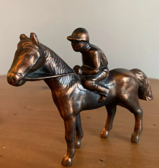 Vintage Cast Metal Copper Color Horse and Riding Jockey Figurine