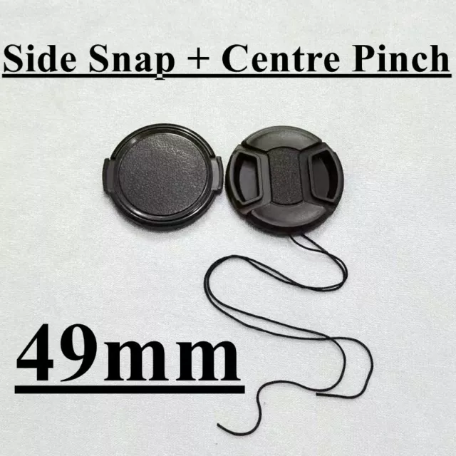 2PCS 49mm Plastic Camera Front Lens Cap Side Snap On + Centre Pinch Lens Cover