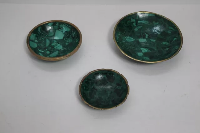 Set Of 3 Malachite Bowl Green Malachite Dish Hand Carved Brass Rim  3" 4" 5"