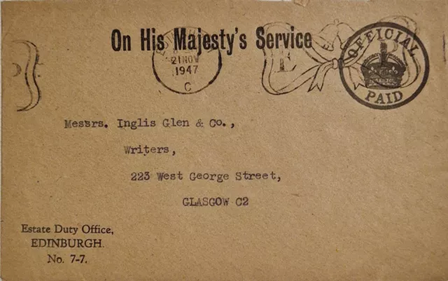 Official Paid On His Majesty' s Service Cover November 1947