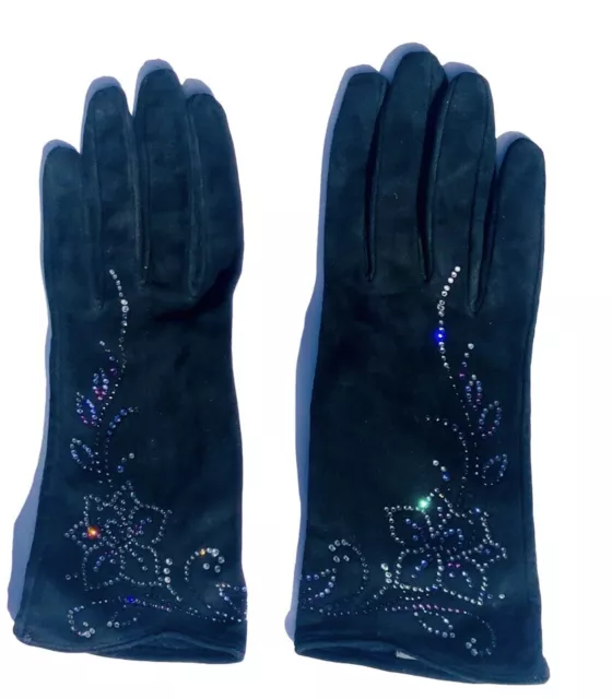 Judith Leiber black suede gloves with crystals sz 8