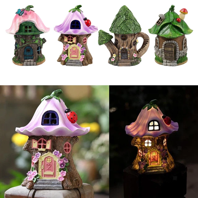 Miniature Fairy Cottage Statue Solar Garden Light Patio Lawn Path Decor
