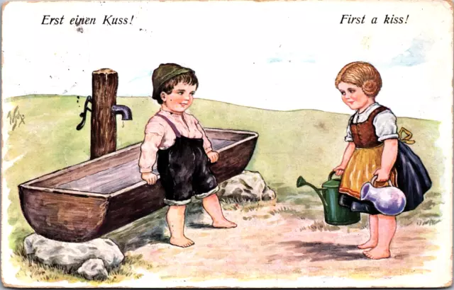 Boy And Girl A First Kiss Vintage Postcard 09.78