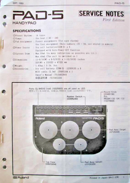 Roland PAD-5 Numérique Tambour Patins Original Service Manuel Schematics Parties