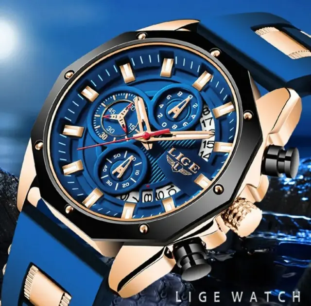Mens LIGE Luxury Watch Chronograph Waterproof Sports Fashion Design Wristwatch