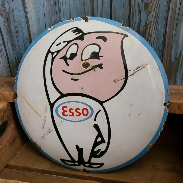 Vintage ESSO Happy Oil Drop Man Gas Pump Plate Porcelain Metal Dome 12" Sign