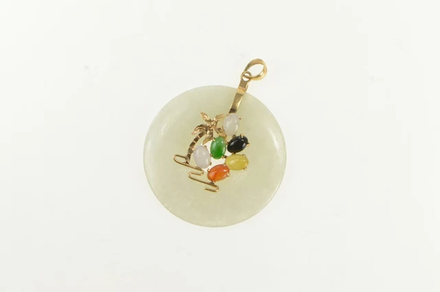 14K Jadeite Palm Tree Cluster Tropical Motif Pendant Yellow Gold *58