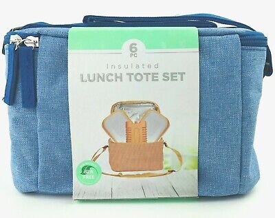 Blue Insulated Soft Cooler Lunch Tote Bag 6pc Set Ice Pack Containers Adj Strap