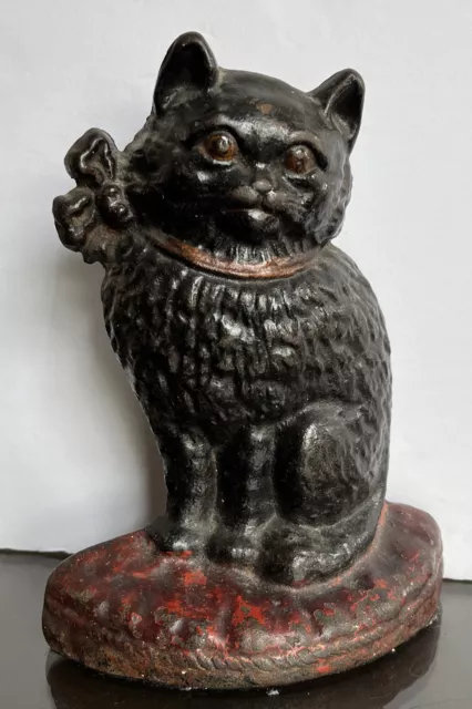 Antique Cast Iron Black Cat with bow Doorstop/ bookend  8” Heavy