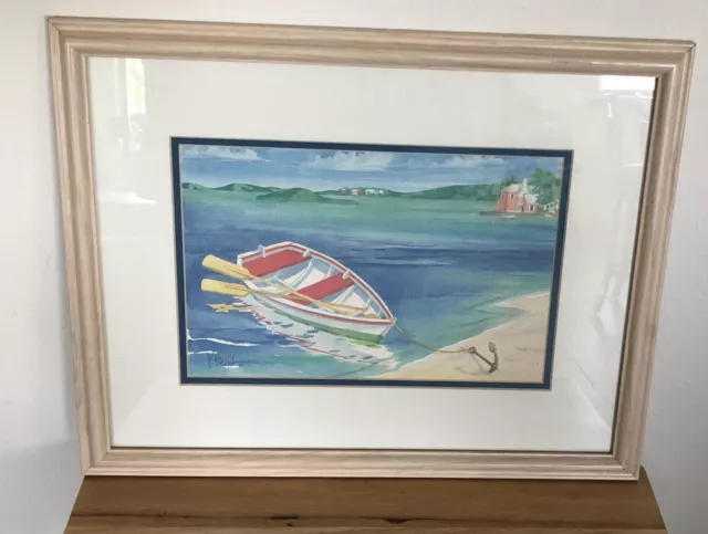 Rare Paul Brent Signed Framed Coastal Landscape Rowboat Watercolor Art Print