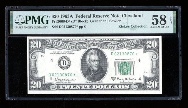 DBR 1963-A $20 FRN STAR Cleveland Fr. 2066-D* PMG 58 EPQ Serial D02130870*