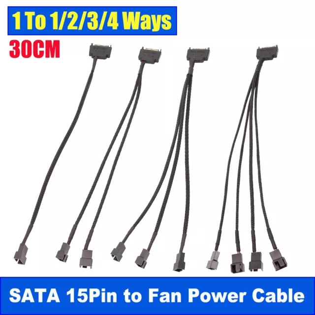 SATA 15Pin to 1/2/3/4 Way Fan Power Adapter Sleeved Cable Computer Case