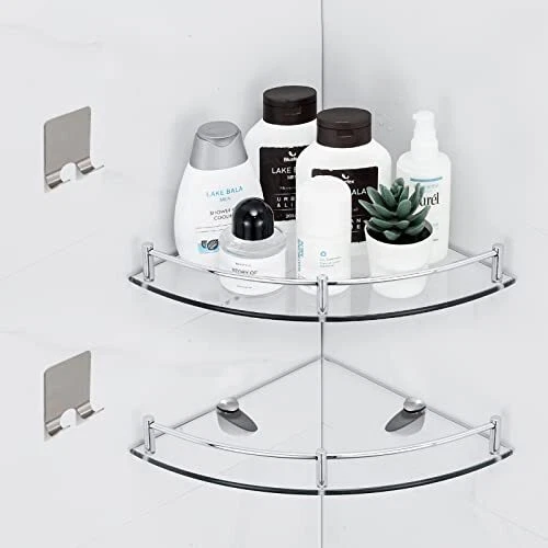 2 Tier Bathroom Glass Shelves, Tempered Glass Silver Guardrail Clear Sector