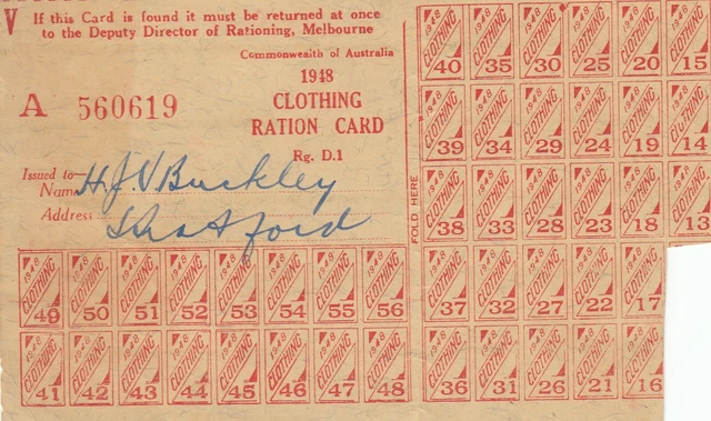 WW2 AUSTRALIA 1948 part clothing ration sheet from Victoria to H.J.V ...