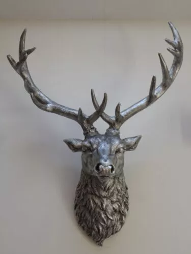 Large Stag Deer Head Sculpture Wall/Floor Standing Statue Antique Silver Brown