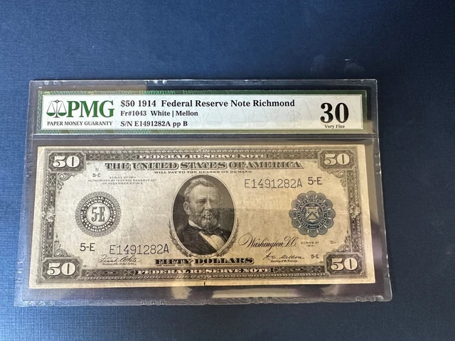 $50 1914 FR.1043 Richmond White-Mellon PMG VERY FINE 30 RARE $50 1914 FR.1043 Richmond White-Mellon PMG VERY FINE 30 RARE