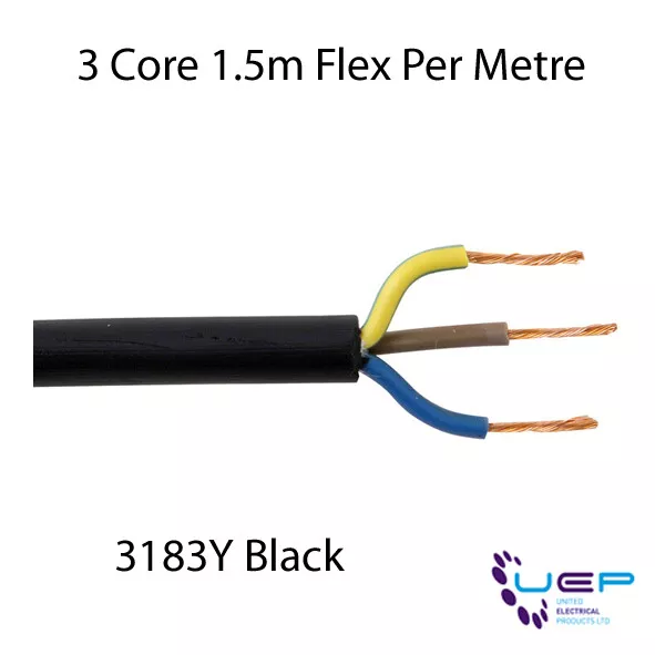 15m Metre 13 AMP BLACK Electrical Mains Wire Cable 3 Core Flexible 1.5mm