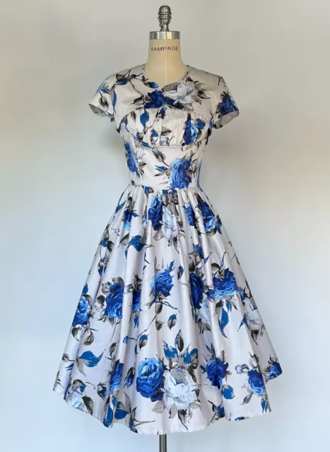 1950s Vintage Rockabilly Flare Swing Party Dress Floral Retro Dress Set