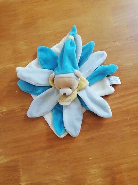O/ Doudou Et Compagnie Ours Plat Blanc Bleu Arlequin Pétales
