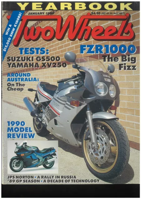 TWO WHEELS motorcycle magazine January 1990 Suzuki GS500E Yamaha FZR1000W XV250