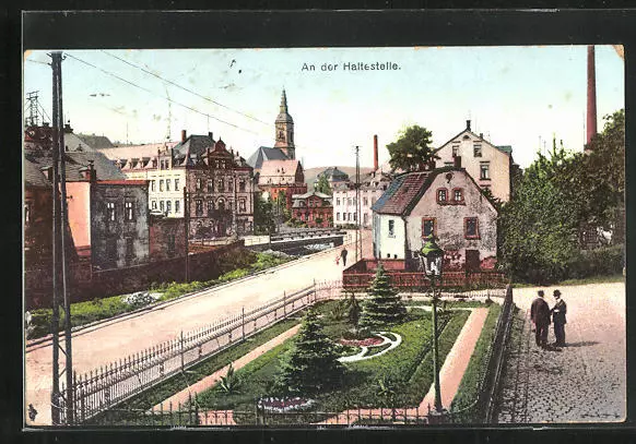 Ansichtskarte Kirchberg, Straßenpartie an der Haltestelle 1918