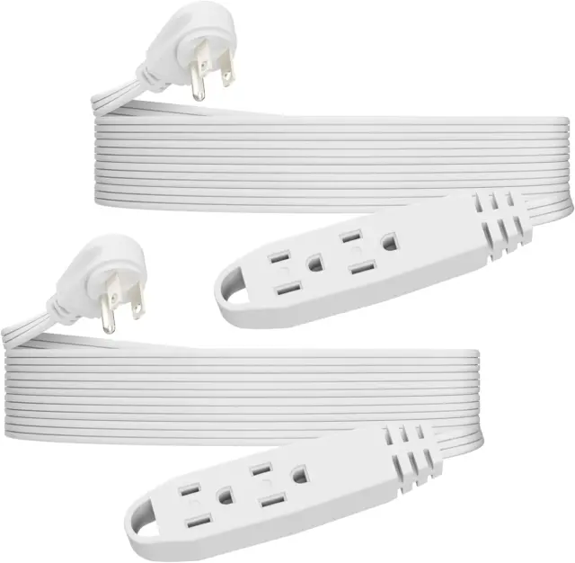 2 Pack 12-Feet 3 Outlet Extension Cord, Triple Wire Grounded Multi Outlet White