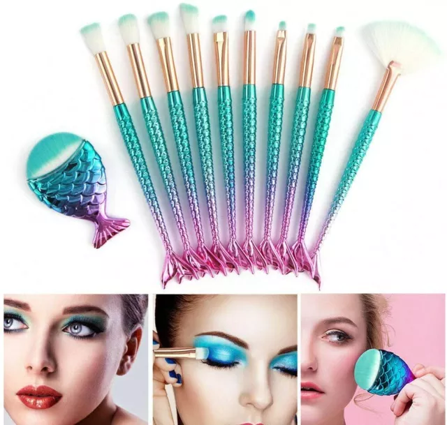 11 PCS Mermaid Makeup Brushes Set Fish Tail Foundation Eyeshadow Eyeliner Blush