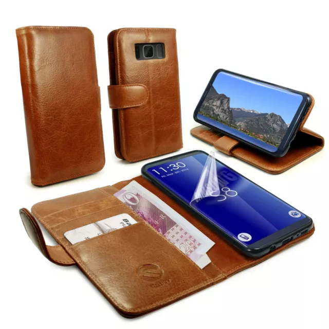 Tuff Luv Vera Pelle Portafoglio Custodia Cover & Stand per Galaxy S8-Brown