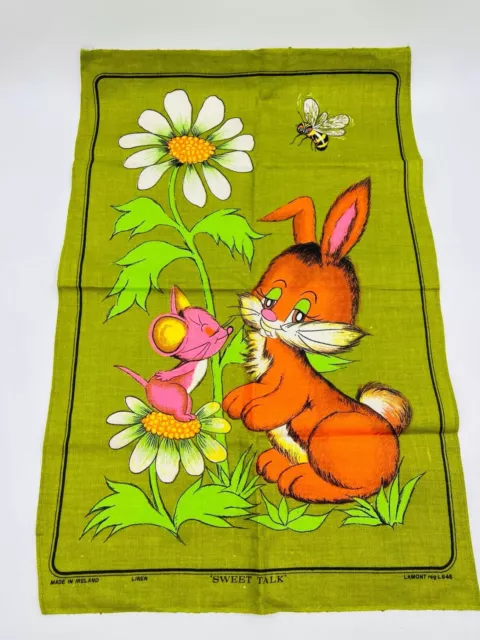 Vintage 1970s Retro Tea Towel "Sweet Talk" Bunny Rabbit Pink Mouse Daisies