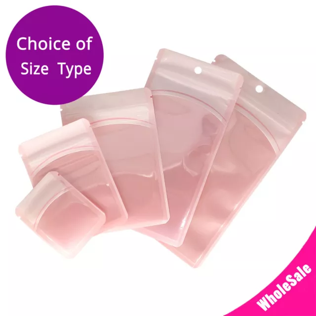 Multi-Size Front Clear Back Pink Glossy Flat Mylar Zip Lock Bag w/Tear Notches