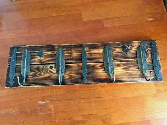 Hand Made Coat Rack - 4 Blacksmith Forged Iron Feather Hooks and Hardware