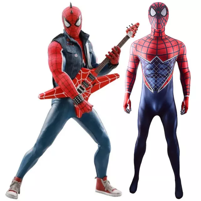 PS4 Punk Spider-Man Jumpsuit Spiderman Cosplay Costume Adult Kids Halloween Cos