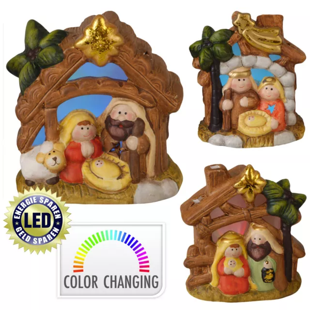 KRIPPE WEIHNACHTSKRIPPE MINIKRIPPE Krippenstall Keramik mit LED