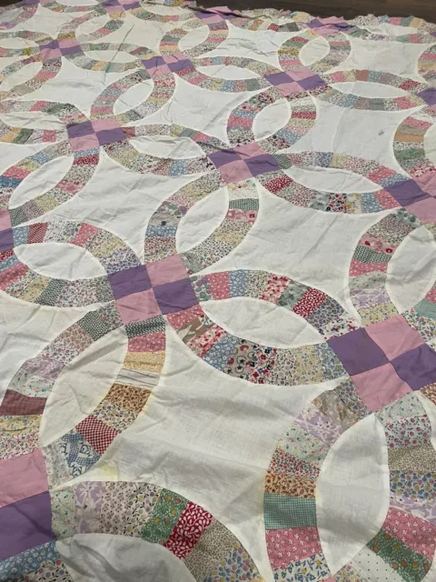 Vintage Double Wedding Ring Quilt Top, - 64x 74" - Scrappy Pastels Cutter Crafts