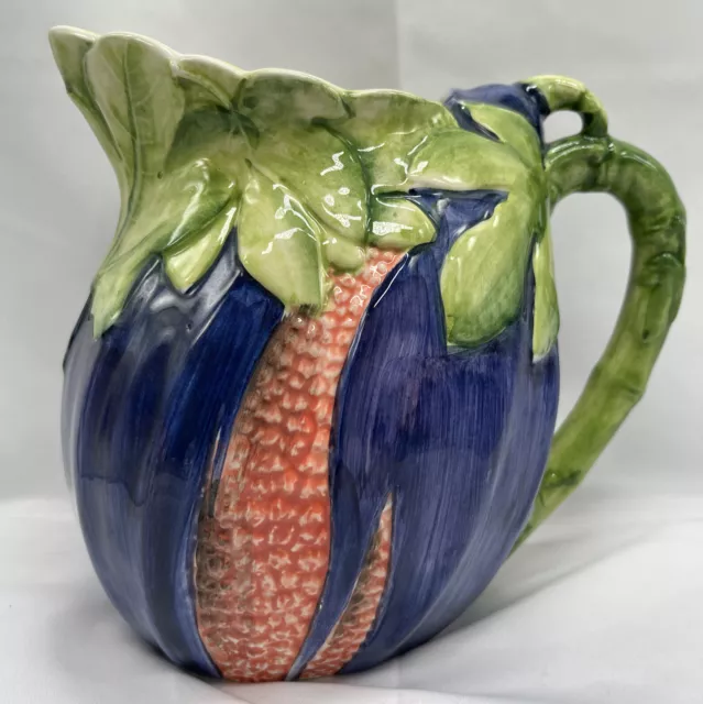 Vtg Ceramic Pottery Blue Pitcher  Vegetable By Ceramiche Leonardo Made In Italy