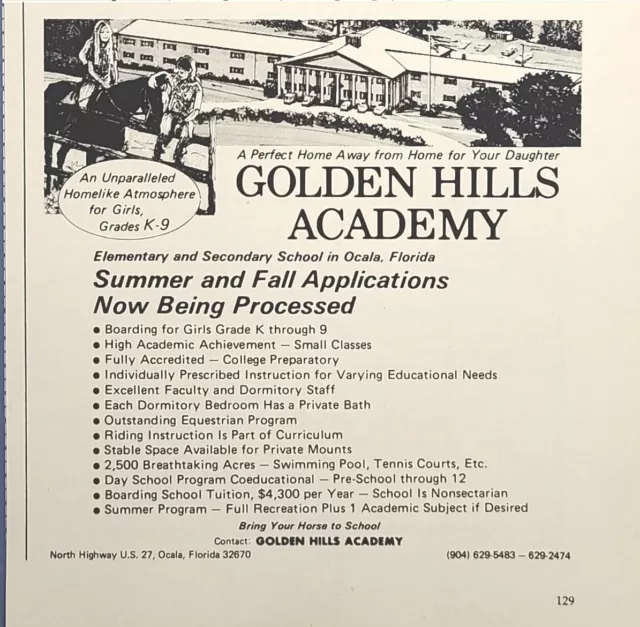 Golden Hills Academy Girls Grade K-9 Boarding School Ocala Vintage Print Ad 1977