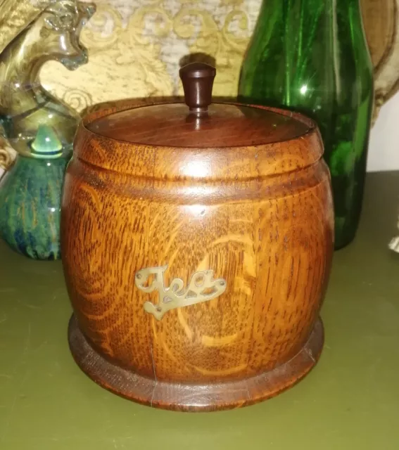 Vintage 1940s Oak Treen Wood Tea Caddy Bakelite Knob Brass 'Tea' Sign Farmhouse