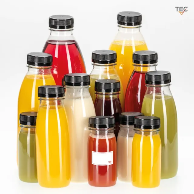 TEC Juice Bottles with Lids Shot 30% Recycled PET Plastic Tamper Evident UK Made