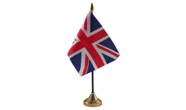 Union Jack (UK) 6" x 4" Desk Table Flag with Gold Plastic Cone Base