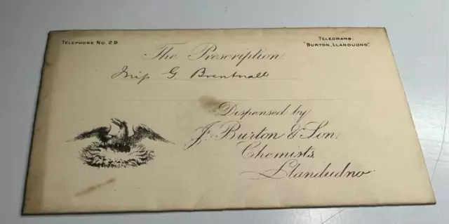 Antique Prescription Envelope J Burton & Son Chemist Llandudno To Miss Brentnall