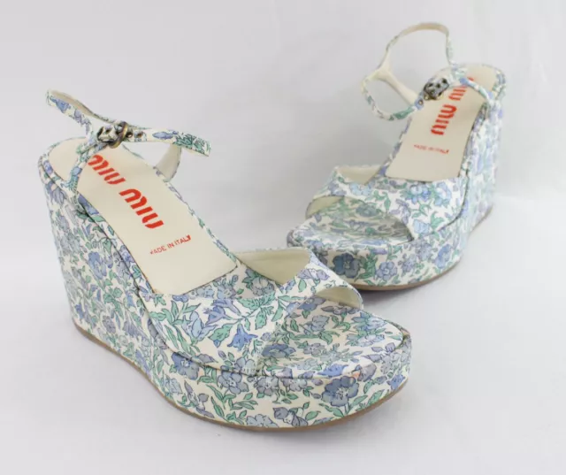 Miu Miu Women's Blue Floral Platform Wedge Heel Sandals Shoes Size 37 7