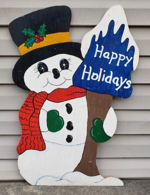 Vintage Folk Art Painted Wood Sign Happy Holidays Snowman Christmas Xmas Decor