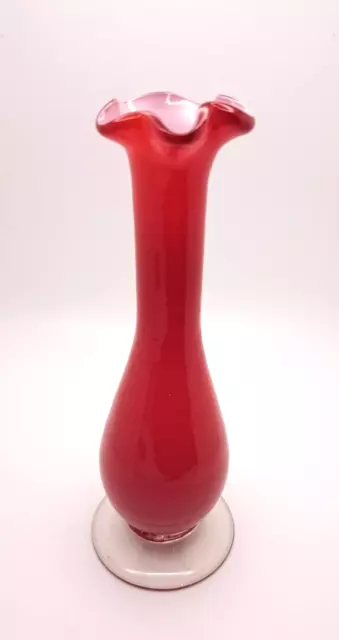 VTG Handblown Red Cased Art Glass Vase White Inside Ruffled Rim VGC