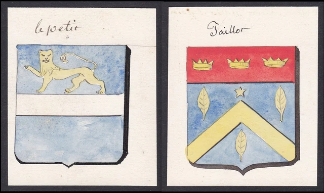 19. Siglo La Petite Taillot Francia Escudo Nobleza Abrigo De Arms Acuarela