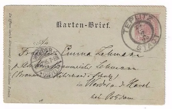 1895 Teplitz Austria Postal Letter Card to Werder