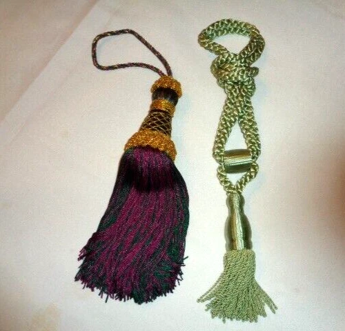 Lot of 2 15" Single Tassels Fringes 1 Braided Green & 1 Purple/Gold