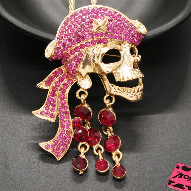 Betsey Johnson Pretty Colourful Crystal Pirate Skull Rhinestone Pendant Necklace
