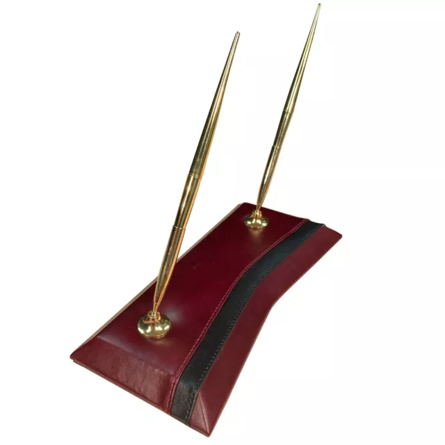 Dacasso Burgundy Leather Gold Trim Double Pen Stand