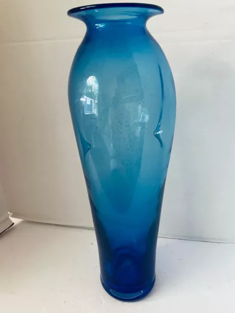 Blenko Blue Pinched Glass 17 Inch Hand Blown Floor Table Vase MCM EUC Label