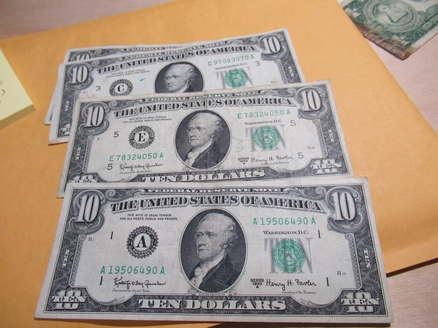 Antique 1963 Ten Dollar $10 Old US Currency Federal Reserve Note, Green Seal
